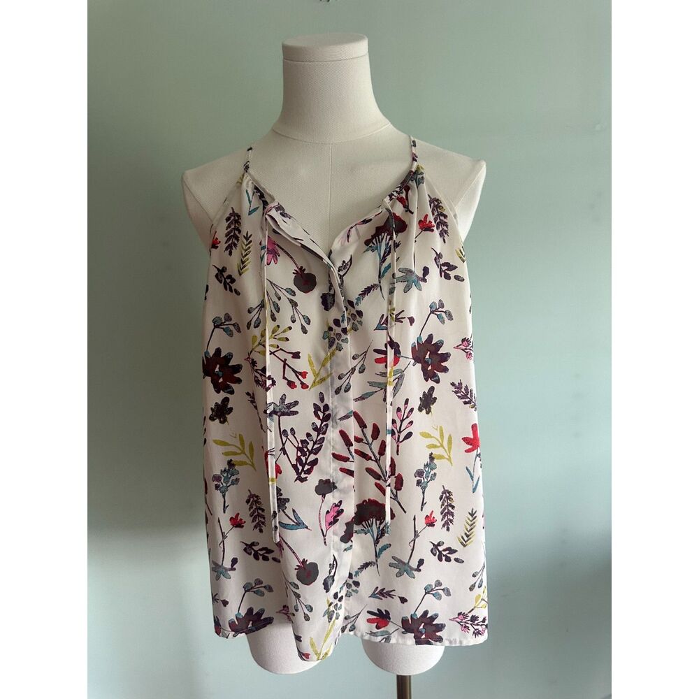 Collective Concepts Floral Halter Blouse M Cream Hidden Button Front Boho Top